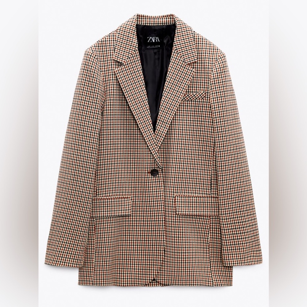 ZARA Plaid Check Blazer Jacket Black Red Camel Women Size M